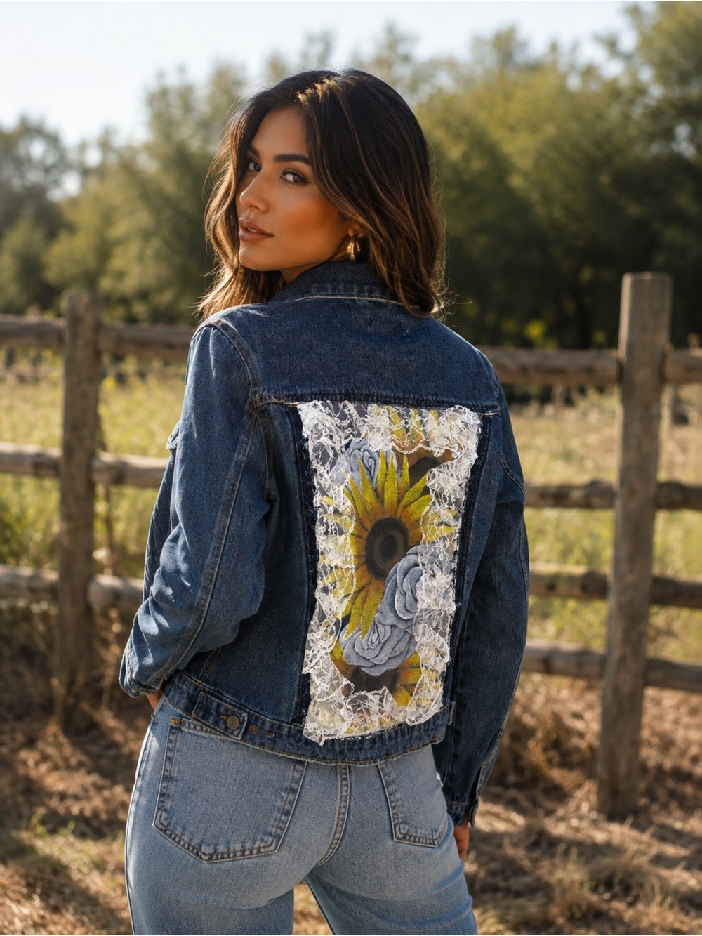 Denim Jacket with Sunflower & Lace Back Panel - Blue
